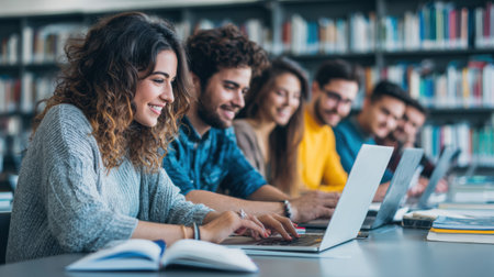 Students engage in focused study at a library, collaborating and utilizing laptops for research and learning in a productive atmosphereの素材