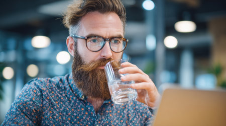 A man with a beard and glasses drinks water while focused on his laptop. The cafe has a contemporary design with soft lighting and plants.の素材