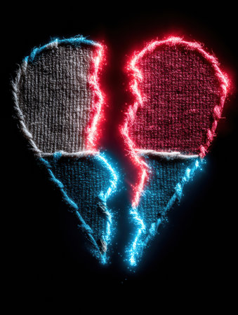 Broken ice cream cones are displayed with glowing blue and red outlines, showcasing textures of the cone material against a dark background for dramatic effect.の素材