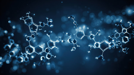 Detailed depiction of molecular formations illuminated in blue hues, emphasizing the intricate connections and structures found in chemistry and science.の素材