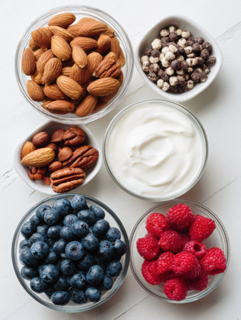 Different bowls containing almonds, pecans, blueberries, raspberries, and yogurt are displayed on a white table, perfect for a nutritious snack selection.の素材