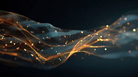 Rippling fabric with glowing lights and star patterns floats gracefully in a dark ambiance, evoking a sense of calm and wonder, perfect for evening decorations.の素材