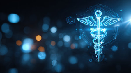 A glowing medical symbol with a caduceus stands out in a dark setting, highlighted by soft blue lights and a bokeh effect, suggesting health and technology.の素材
