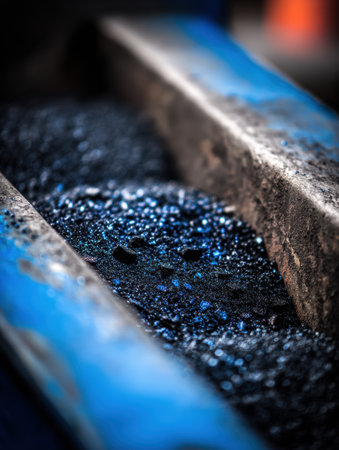 A detailed view captures shimmering reflections on a dark, textured surface illuminated by ambient light, showing the intricacies of an industrial setting.の素材