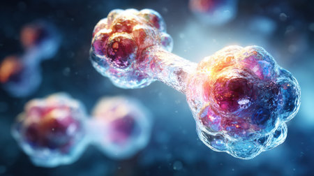 Colorful molecules interact dynamically in a microscopic setting, highlighting intricate structures and vibrant details, illuminating scientific exploration.の素材