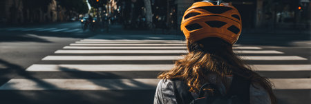 A person wearing an orange helmet stands at a crosswalk, observing traffic before safely crossing the street in an urban setting.の素材