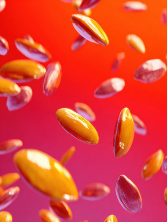 Capsules of various colors float in the air, surrounded by a vivid red backdrop that enhances their glossy surfaces, creating an eye-catching visual effect.の素材
