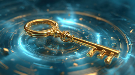 A golden key is placed on a bright blue backdrop filled with swirling light patterns and digital effects, creating a sense of mystery and intrigue.の素材