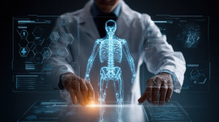 A medical professional engages with an advanced holographic display showing human anatomy. The scene illustrates a futuristic approach to healthcare.の素材