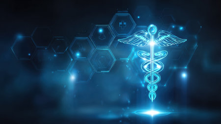 Digital artwork showcases a glowing medical symbol with wings set against a dark background, reflecting advancements in healthcare and technology.の素材