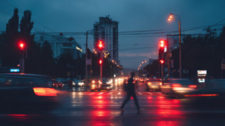 Cars stop at red traffic lights while a pedestrian crosses the street during dusk, showcasing a vibrant city life in soft evening light.の素材