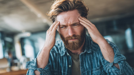 A man sits in a stylish office, showing visible signs of stress as he rubs his temples with both hands. His focused expression suggests a challenging task.の素材