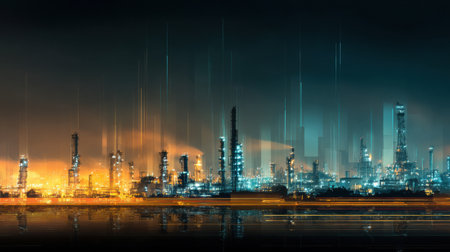 A bustling industrial skyline at night showcases bright lights reflecting on water, highlighting towering structures and an energetic atmosphere.の素材