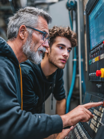 Experienced technician guides young apprentice in a workshop, demonstrating machine operation and programming techniques as they engage in hands-on learning.の素材