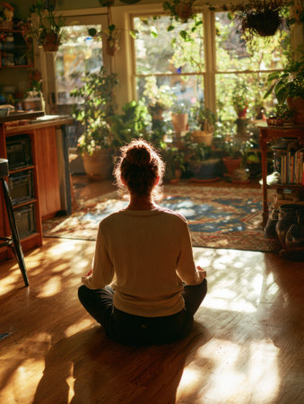 A woman sits cross-legged on the wooden floor, surrounded by vibrant plants and warm sunlight streaming through the windows, creating a serene atmosphere.の素材