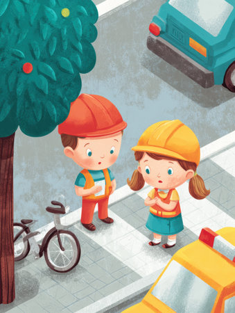Two children in safety helmets talk on a sidewalk beside a tree and a bicycle, with cars parked in the background on a sunny day.の素材