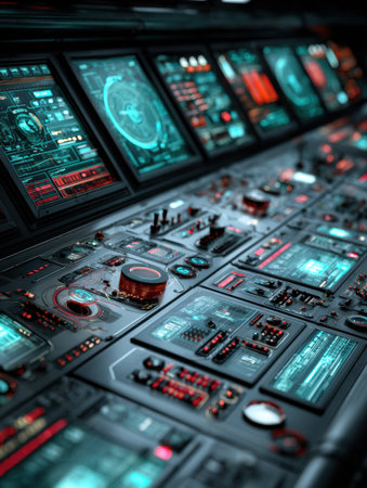 A detailed view of a high-tech control panel filled with illuminated screens, buttons, and switches, showcasing a sci-fi atmosphere and dynamic interface.の素材