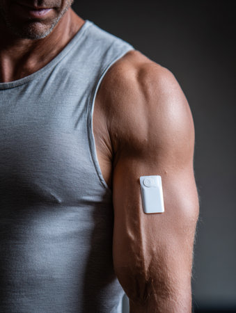 Close-up of a mans muscular arm wearing a health monitoring device, highlighting the blend of fitness and technology in everyday life.の素材