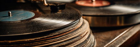 Close-up view of vintage vinyl records stacked on a turntable, featuring dust and scratches that emphasize their age and nostalgic value in a cozy setting.の素材