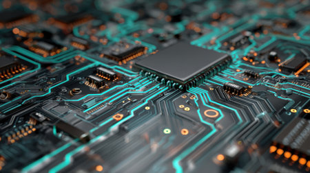 Close-up examination reveals a microprocessor surrounded by vivid circuit pathways, capturing the complexity and elegance of modern technology.の素材