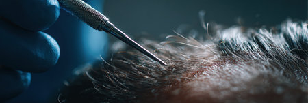 A skilled technician applies a precise tool to a patients scalp, indicating a hair restoration process in a modern medical environment.の素材