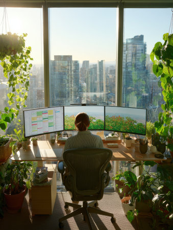 A person works at a stylish desk surrounded by greenery, facing large monitors and a breathtaking city skyline at sunset, creating a serene atmosphere.の素材