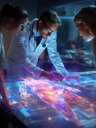 Three medical professionals focus on a glowing hologram of human anatomy in a futuristic laboratory setting, showcasing advanced technology and teamwork.の素材