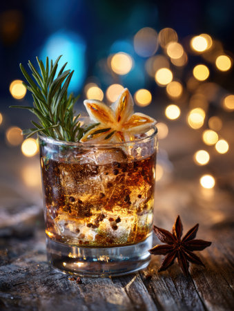 Cocktail in a glass features herbs and spices, set against a backdrop of soft glowing lights, creating a warm and inviting atmosphere for relaxation.の素材