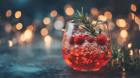 A refreshing drink with ice, fresh raspberries, and rosemary in a clear glass, set among soft, glowing lights for a warm ambiance.の素材
