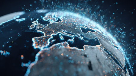 Europe is depicted with bright lights and digital connections, showcasing the continents urban areas and infrastructure illuminated at night.の素材