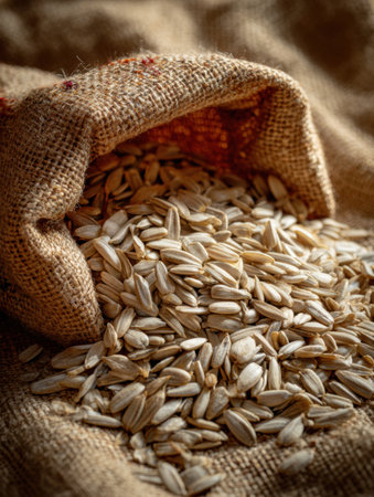 Grains are spilling from an open burlap sack onto a textured surface, illuminated by warm light, creating an inviting and rustic atmosphere.の素材