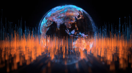 A digital globe surrounded by colorful sound waves symbolizes the interconnectedness of technology and communication worldwide, showcasing a modern design.の素材