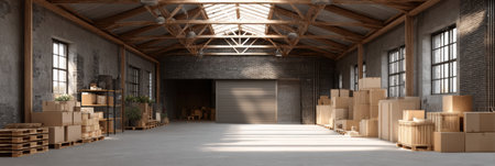 A large warehouse space showcases wooden beams, sunlight streaming through windows, and boxes arranged neatly on the floor.の素材