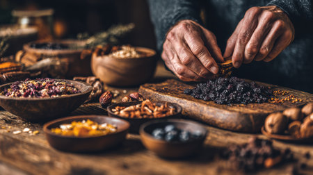 Hands skillfully blend various dried fruits and spices in a rustic kitchen, showcasing an array of organic ingredients on a wooden table setting.の素材