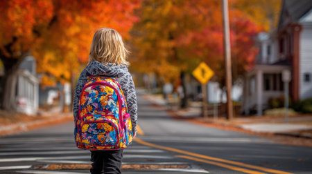 A child strides down a quiet road, surrounded by bright autumn foliage and colorful trees. The scene captures the essence of fall in the afternoon light.の素材