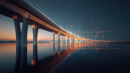 A stunning bridge stretches over still waters at sunset, with colorful lights and reflections creating a breathtaking view of modern engineering.の素材