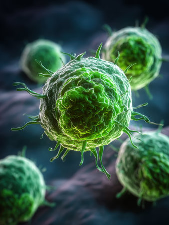 Detailed depiction of green microorganisms with spikes, vividly illustrating their complex structure in a microscopic environment under illumination.の素材