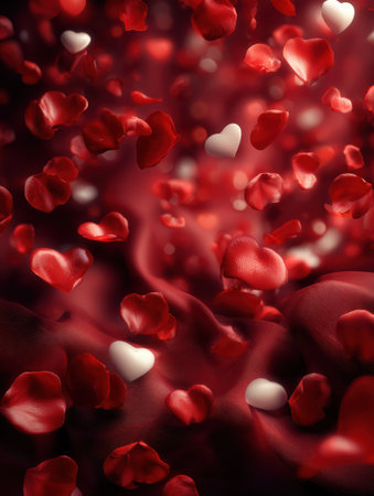 Hearts in red and white colors drift through a soft, romantic backdrop filled with rose petals, setting a tranquil scene perfect for love and celebration.の素材