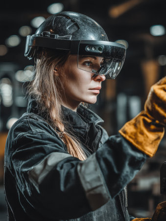Female engineer dressed in protective gear examines machinery in a factory, highlighting dedication to safety and precision in her work.の素材