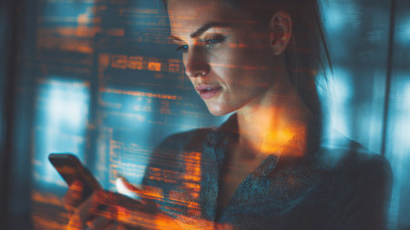 A woman focuses on her smartphone surrounded by bright digital projections in a contemporary office during evening hours.の素材