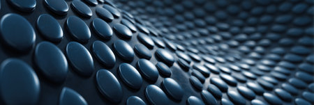 Close-up view of dark spheres arranged in a smooth wave pattern, showing a unique texture and modern design. The shapes create a captivating visual effect.の素材
