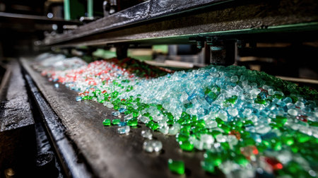 Colorful granules in green, blue, and red spread across a conveyor belt in a busy manufacturing plant under bright lights and machinery.の素材