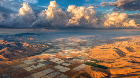 Beautiful landscape showcases patchwork fields stretching across the valley under a dynamic sky filled with vibrant clouds during sunset.の素材