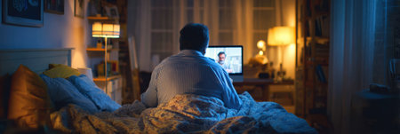 A person seated in bed watches a screen in a cozy room. The atmosphere is relaxed with evening lighting from lamps and curtains.の素材