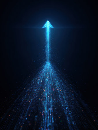 A bright blue arrow rises into the dark, creating a futuristic feel with scattered particles and glowing effects, suggesting direction and progress.の素材