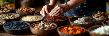 A hand is seen selecting spices from various bowls on a wooden table, showing the colorful variety of herbs and seasonings in a rustic kitchen setting.の素材
