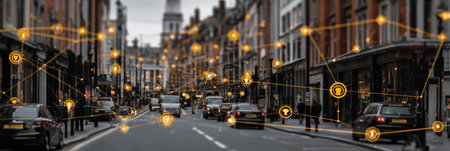 A lively city street filled with cars and shops, showcasing digital connections and smart technology overlays enhancing urban life.の素材