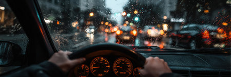 Rain falls steadily on a city street at night as a driver navigates through illuminated traffic, with reflections creating a colorful atmosphere.の素材