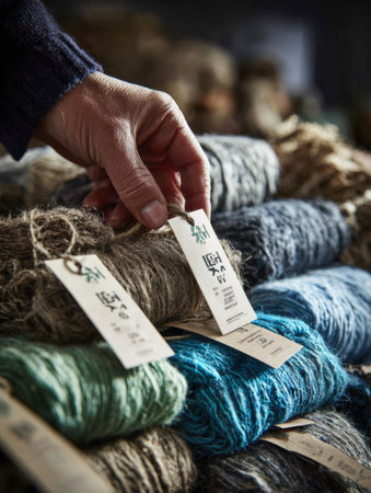 A hand reaches for a vibrant skein of yarn among neatly arranged stacks in a craft store, showing different textures and colors in soft lighting.の素材