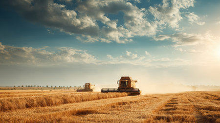 Two combine harvesters cut through fields of golden wheat as dust rises in the warm afternoon light, showing the beauty of agricultural work.の素材